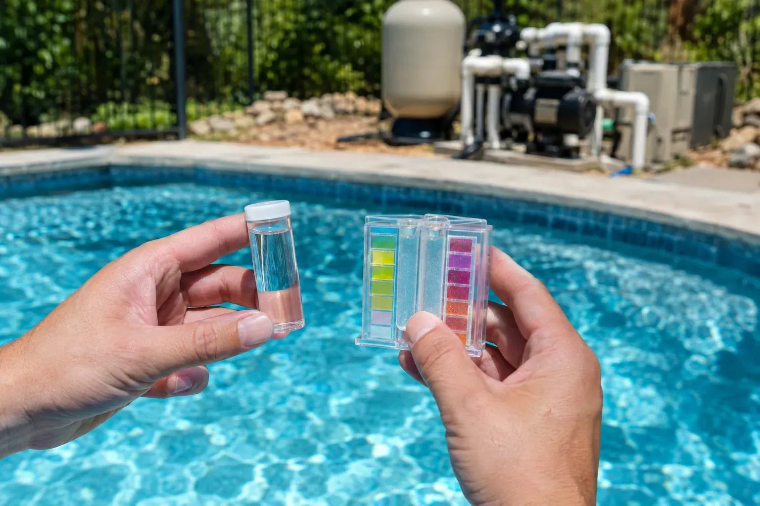 Hands holding a pool water test vial and kit beside a freshly filled pool