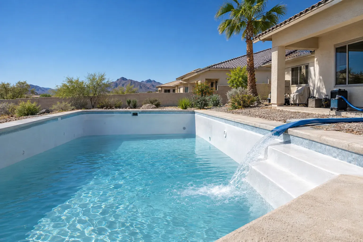 A newly plastered backyard pool being filled with clear water from a thick hose