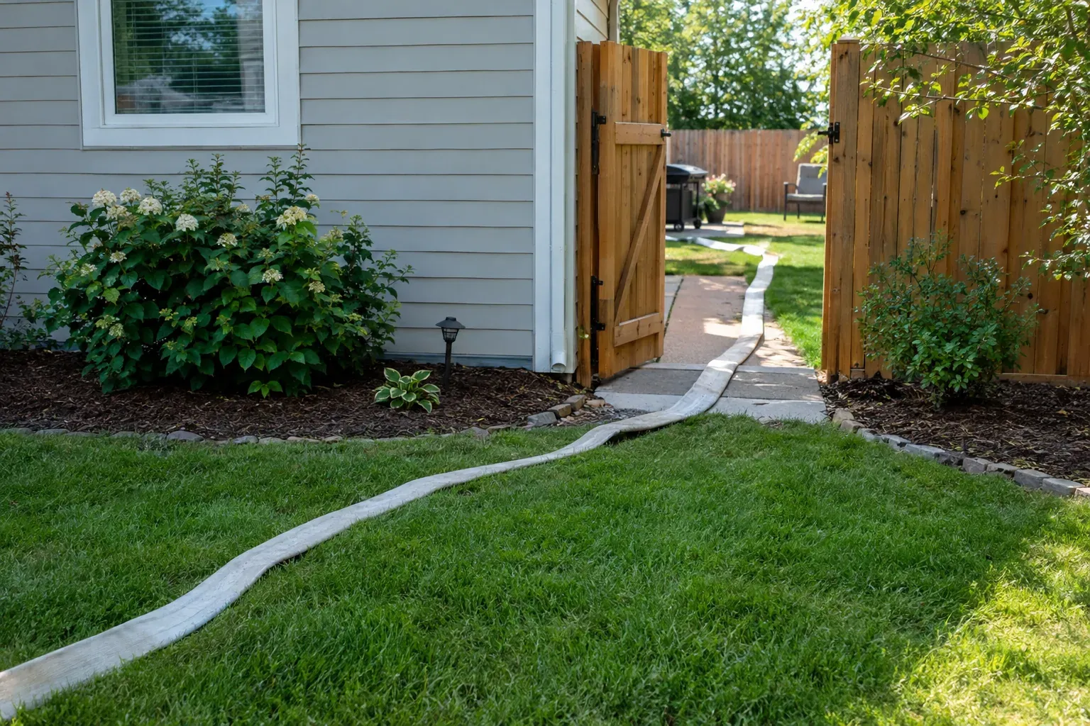 Delivery hose running across a lawn and through an open side gate