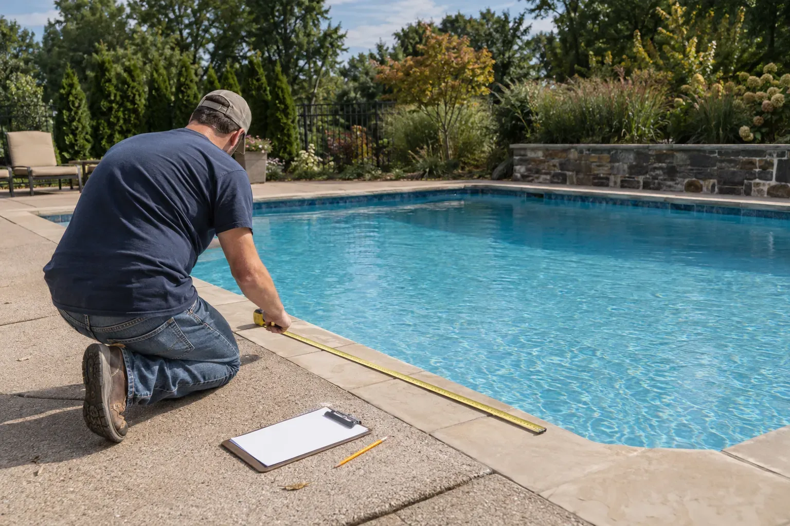 A man measuring along the edge of a full pool with a tape measure