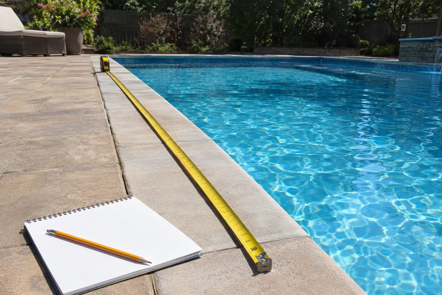 Tape measure stretched along the edge of a rectangular pool