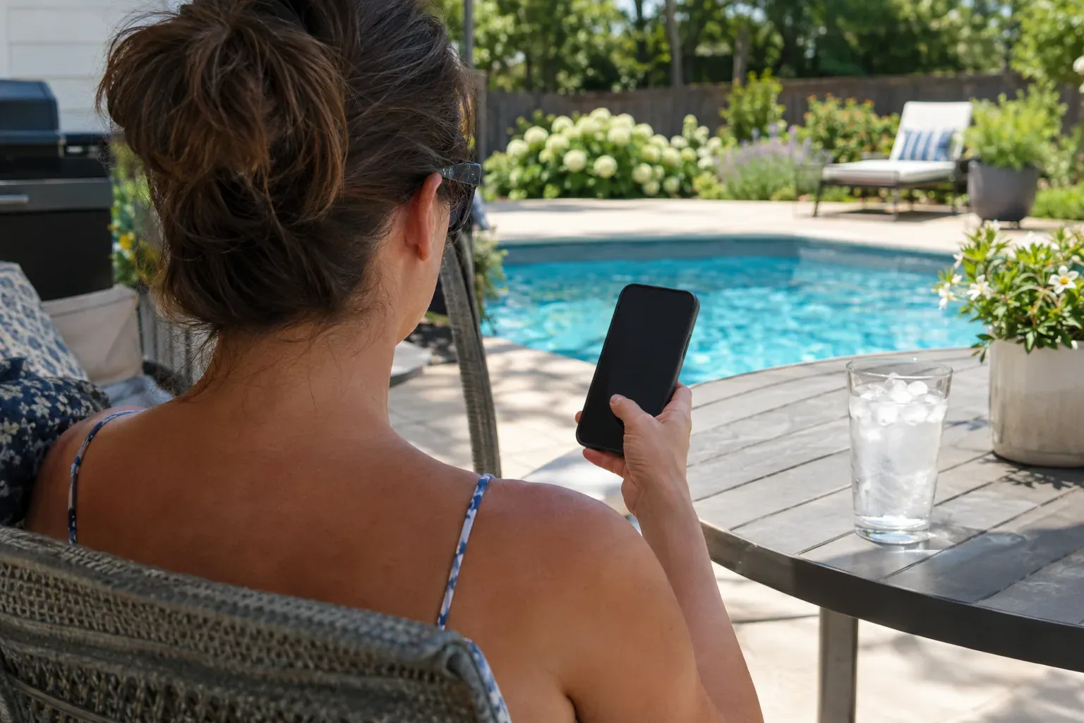Homeowner by a pool checking a quote on a phone