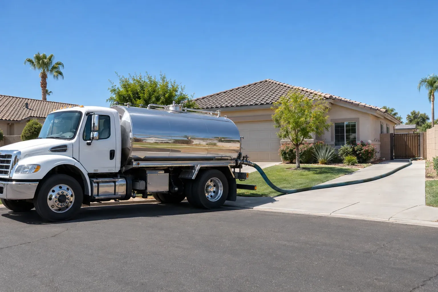 Unbranded stainless water tanker parked at the curb with a hose running to a side gate